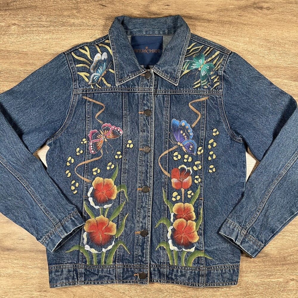 ANUSCHKA HAND PAINTED WOMEN'S LARGE BLUE JEAN FLORAL ART‎ DENIM JACKET